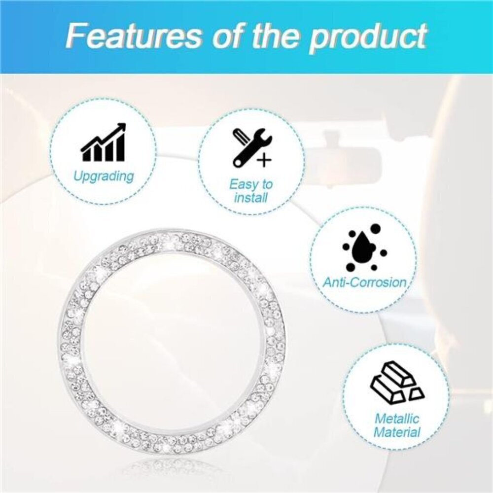 Silver Car Start Button Bling Rhinestone Diamond Engine Button Ring 2-Pack - Picture 3 of 7